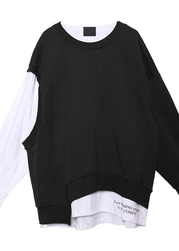 Modern o neck false two pieces cotton clothes pattern black tops - SooLinen