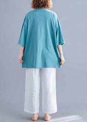 Modern o neck false two pieces cotton shirts women blue print summer - SooLinen