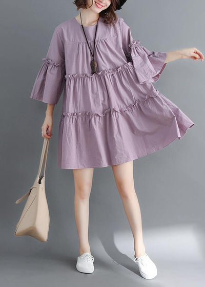 Modern o neck flare sleeve Cinched Cotton Women Photography purple Dress summer - SooLinen