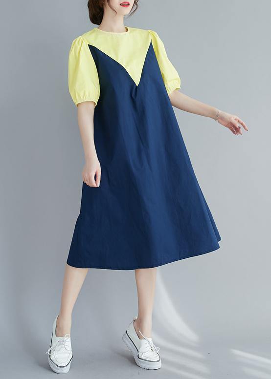 Modern o neck lantern sleeve Cotton summer yellow Dresses - SooLinen