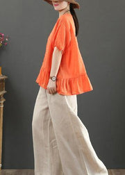 Modern o neck linen clothes Work Outfits orange embroidery top - SooLinen