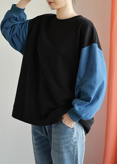 Modern o neck long sleeve cotton Shirts black patchwork blue blouse fall - SooLinen