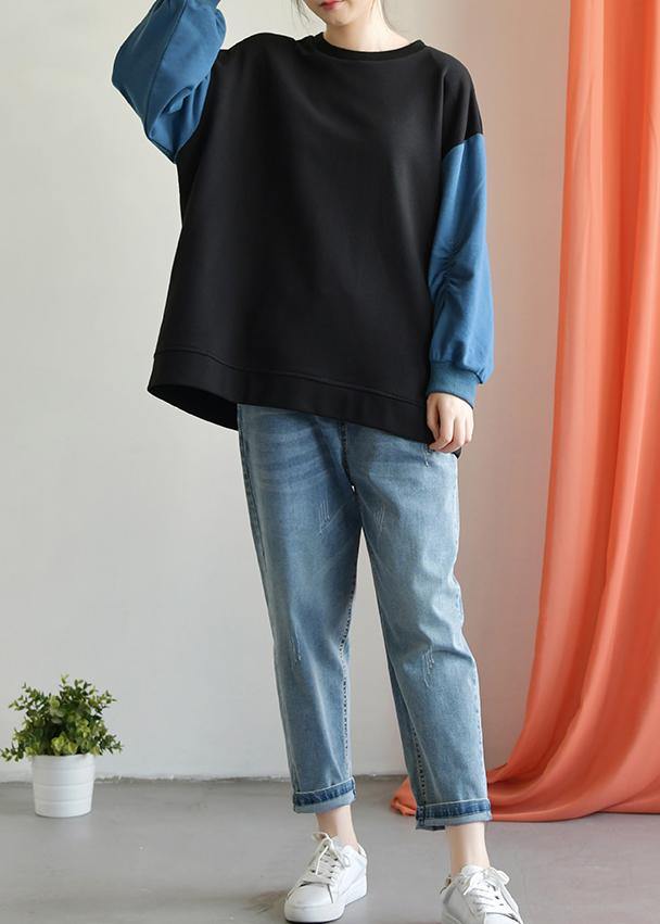 Modern o neck long sleeve cotton Shirts black patchwork blue blouse fall - SooLinen