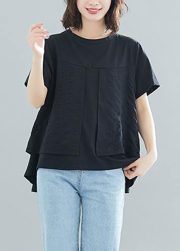 Modern o neck patchwork cotton clothes For Women Vintage design black loose blouses Summer - SooLinen
