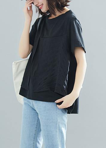 Modern o neck patchwork cotton clothes For Women Vintage design black loose blouses Summer - SooLinen