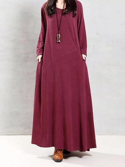 Modern o neck patchwork linen cotton spring Robes Runway burgundy Dress - SooLinen