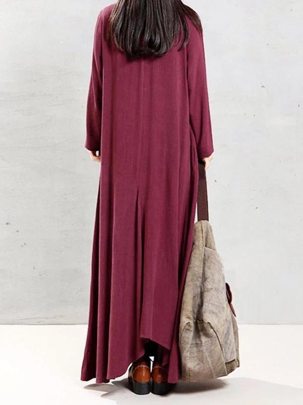 Modern o neck patchwork linen cotton spring Robes Runway burgundy Dress - SooLinen