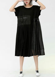 Modern o neck patchwork pockets cotton dresses black Dresses summer - SooLinen