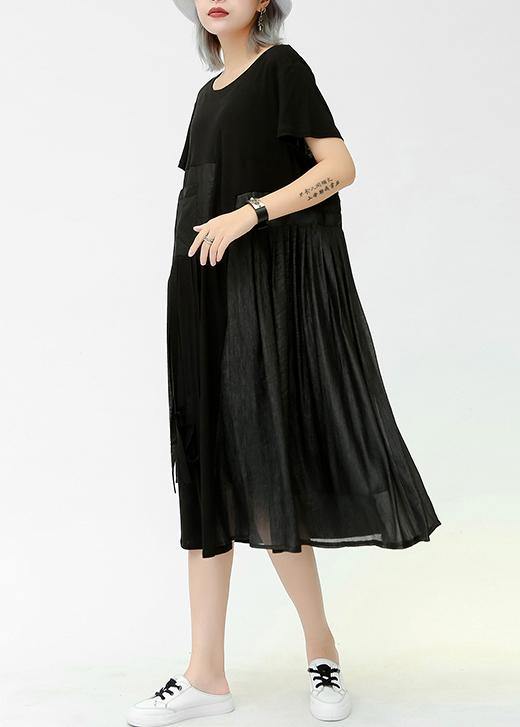 Modern o neck patchwork pockets cotton dresses black Dresses summer - SooLinen