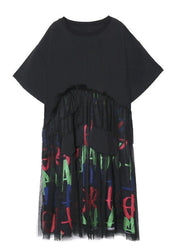 Modern o neck patchwork tulle cotton summer Tunics Inspiration black Maxi Dress - SooLinen