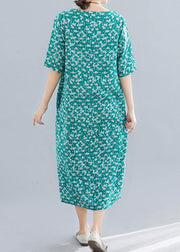 Modern o neck pockets linen cotton clothes Runway green print Dress summer - SooLinen