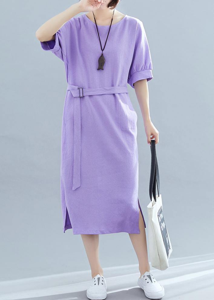 Modern o neck side open cotton clothes Runway purple Maxi Dresses summer - SooLinen