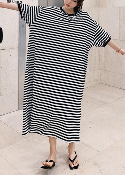 Modern o neck side open design black striped loose Dresses - SooLinen