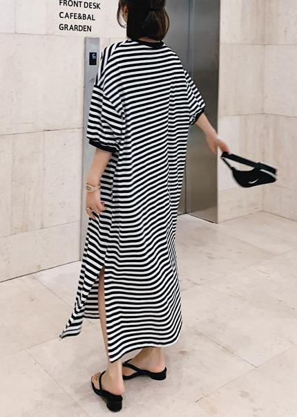 Modern o neck side open design black striped loose Dresses - SooLinen