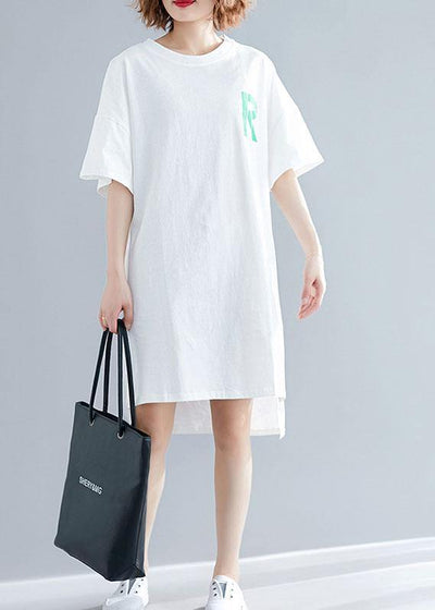 Modern o neck side open linen Runway white print Dresses summer - SooLinen