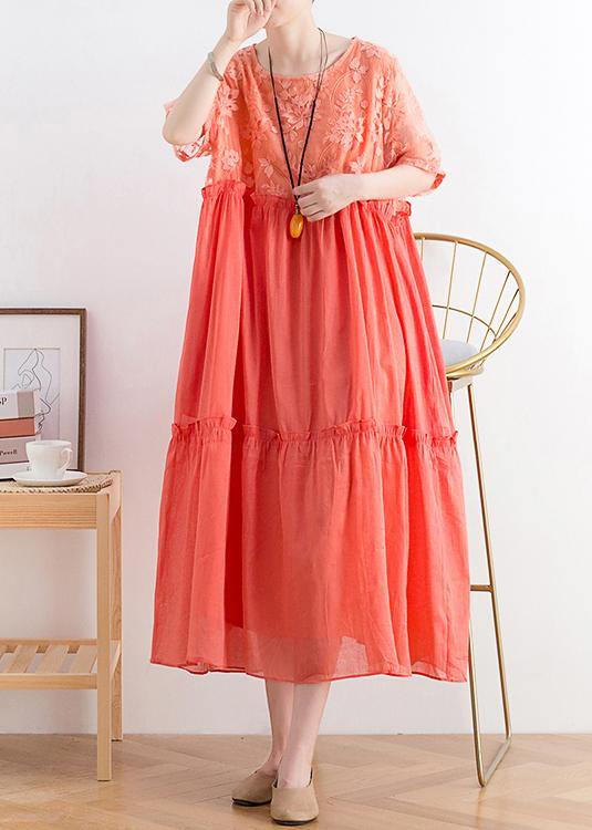 Modern orange cotton Tunic organza patchwork o neck long summer Dresses - SooLinen