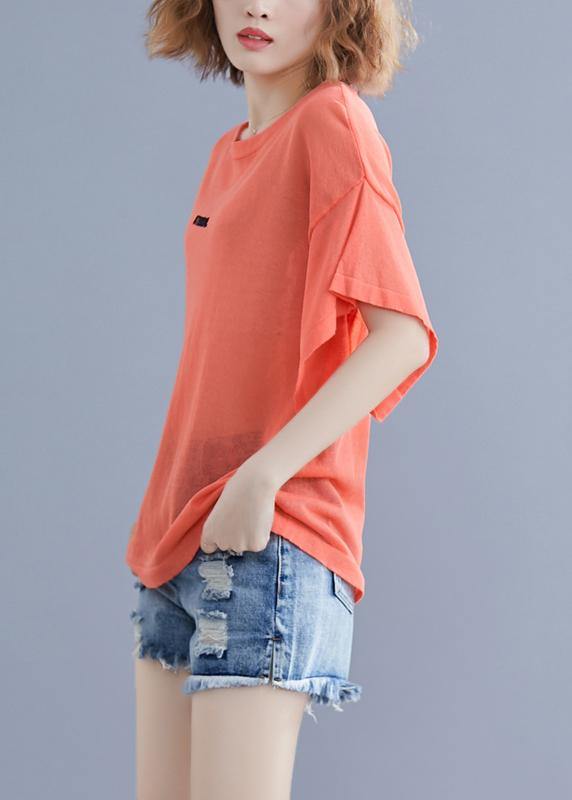 Modern orange cotton clothes For Women alphabet embroidery baggy summer blouse - SooLinen