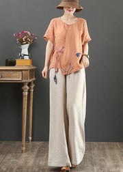 Modern orange print linen Blouse o neck short sleeve loose shirt - SooLinen