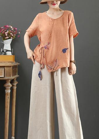 Modern orange print linen Blouse o neck short sleeve loose shirt - SooLinen