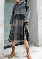 Modern patchwork linen cotton clothes For Women hooded Robe fall Dress - SooLinen