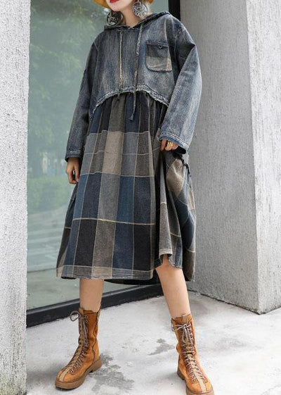 Modern patchwork linen cotton clothes For Women hooded Robe fall Dress - SooLinen