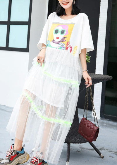 Modern patchwork tulle clothes Shirts white prints Dresses summer - SooLinen