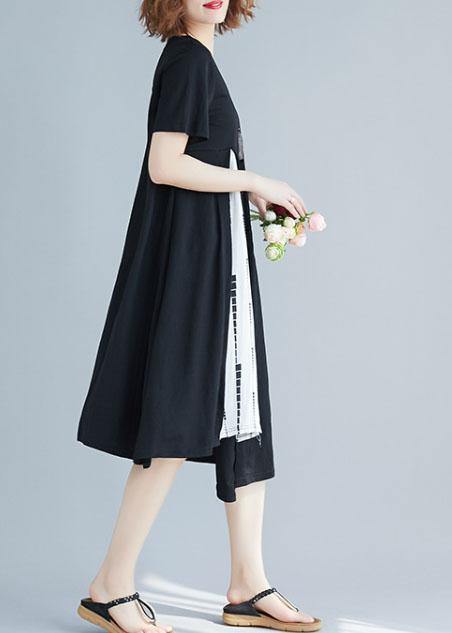 Modern patchwork white prints Cotton Tunics asymmetric hem short summer Dress - SooLinen