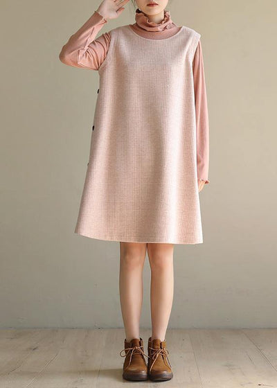 Modern pink cotton dresses false two pieces Robe high neck Dresses - SooLinen