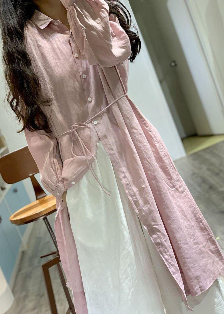 Modern pink lapel collar linen dresses long sleeve baggy fall Dress - SooLinen