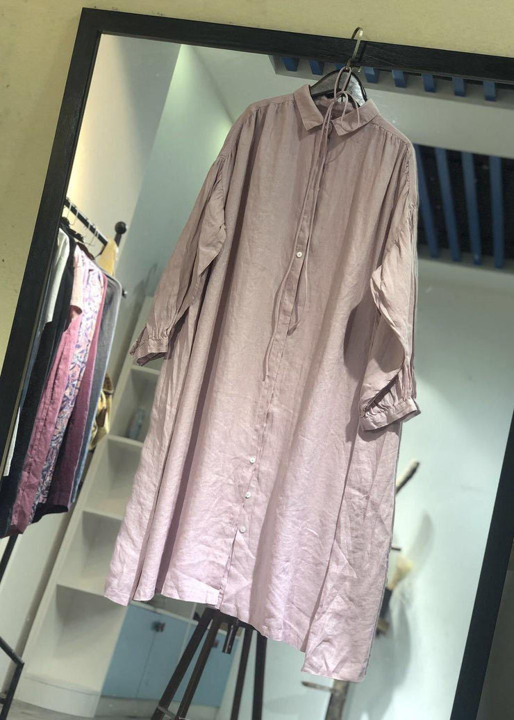 Modern pink lapel collar linen dresses long sleeve baggy fall Dress - SooLinen
