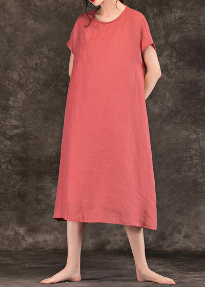 Modern pink linen Long Shirts o neck short sleeve Plus Size summer Dresses - SooLinen
