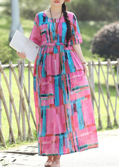 Modern pink prints cotton linen quilting clothes fine Work tie waist Maxi summer Dress - SooLinen