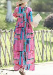 Modern pink prints cotton linen quilting clothes fine Work tie waist Maxi summer Dress - SooLinen