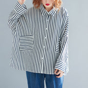 Modern pockets cotton clothes plus size Tunic Tops black white striped tunic shirts