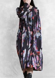Modern print cotton dress o neck pockets Maxi Dresses - SooLinen