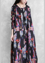 Modern print cotton dress o neck pockets Maxi Dresses - SooLinen