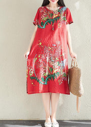 Modern print linen dresses Tunic Tops red Dress summer - SooLinen