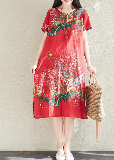Modern print linen dresses Tunic Tops red Dress summer - SooLinen