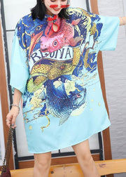 Modern prints Cotton clothes Sewing blue Chinese Button Dress summer - SooLinen