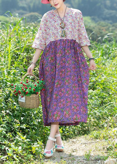 Modern purple patchwork Cotton clothes v neck Plus Size summer floral Dresses - SooLinen
