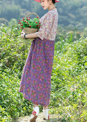 Modern purple patchwork Cotton clothes v neck Plus Size summer floral Dresses - SooLinen