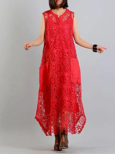 Modern red clothes For pockets asymmetric Art summer Dress - SooLinen