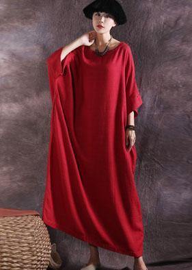 Modern red cotton clothes For Women Batwing Sleeve loose summer Dresses - SooLinen