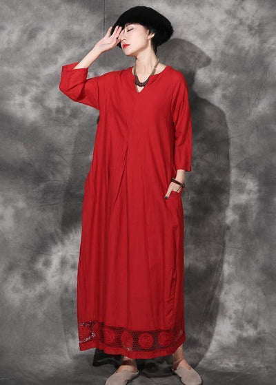 Modern red cotton clothes Women bracelet sleeved Maxi lace hem Dresses - SooLinen