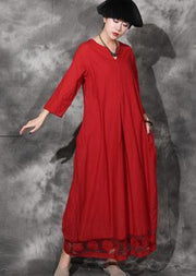Modern red cotton clothes Women bracelet sleeved Maxi lace hem Dresses - SooLinen
