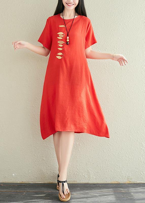 Modern red linen dress o neck embroidery Midi summer Dress - SooLinen