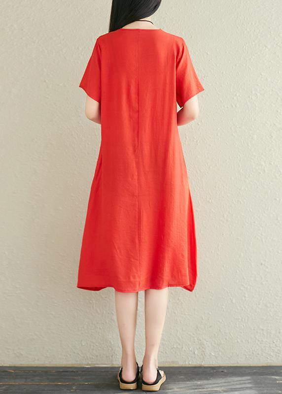 Modern red linen dress o neck embroidery Midi summer Dress - SooLinen