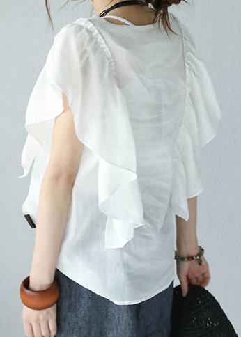 Modern ruffles sleeve linen Tunic Inspiration white top summer - SooLinen