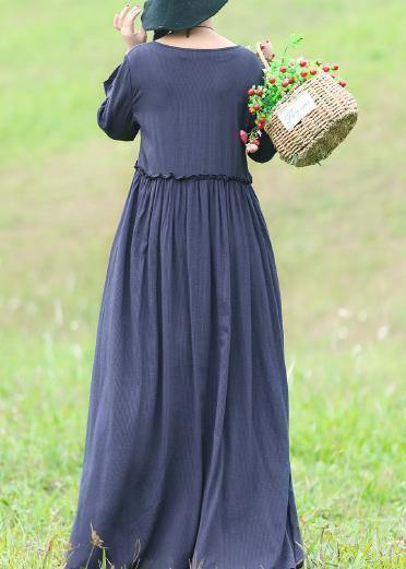 Modern ruffles waist cotton linen clothes For Women Fabrics blue Maxi Dress - SooLinen