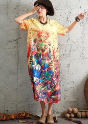 Modern short sleeve linen cotton Robes Fashion Ideas yellow prints Dresses summer - SooLinen